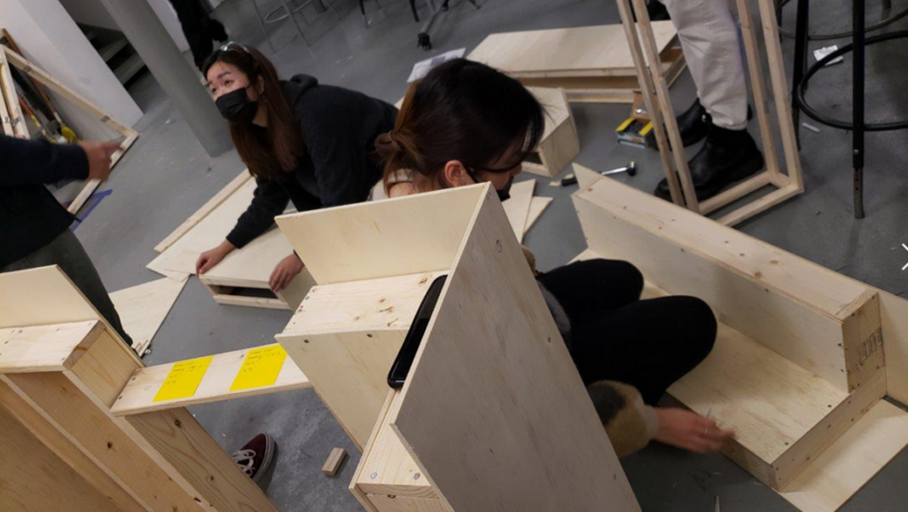 Brooklyn, NY Pratt Architecture students building a HALF-Full-Scale mock-up of their MODULAR design and build system  To be assemblable and dis-assemblable and for ease of transportation and re-use by others for educational purposes…
