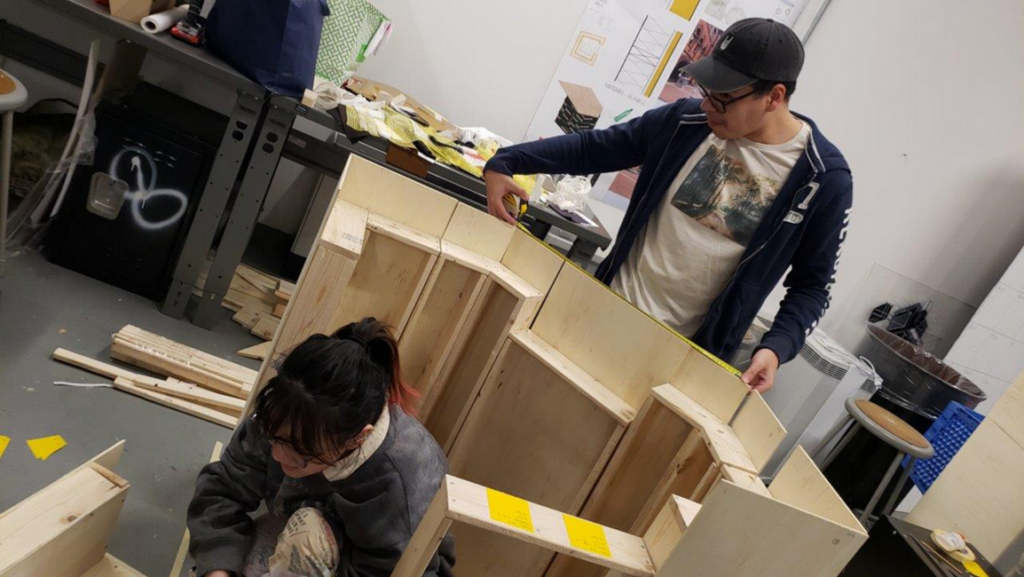 Brooklyn, NY Pratt Architecture students building a HALF-Full-Scale mock-up of their MODULAR design and build system  To be assemblable and dis-assemblable and for ease of transportation and re-use by others for educational purposes…